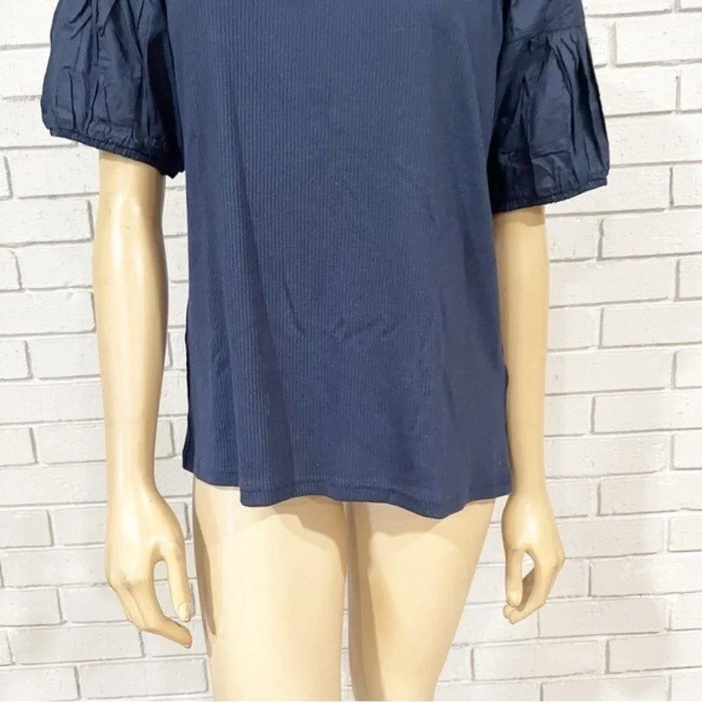 J.Crew Navy Blue Ribbed Mixed Media Puff Sleeve Scoop Neck Top |‎ Size XL